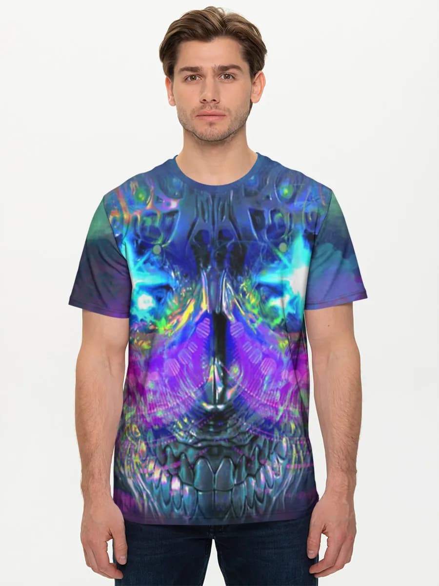 Neon Psychedelic Skull — Men's basic cotton T-shirt with all-over print, Skulls theme