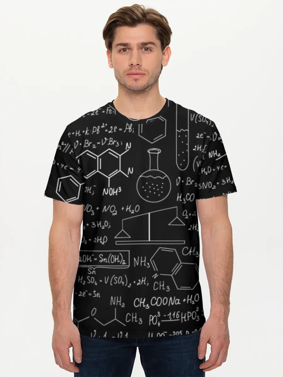 Chemistry Chalkboard Doodles — Men's basic cotton T-shirt with all-over print, Chemistry theme