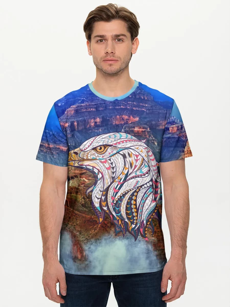 Zentangle Eagle Over Canyon — Men's basic cotton T-shirt with all-over print, Eagle theme