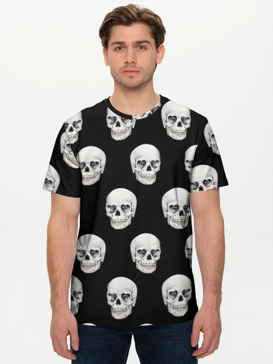 Heart Eyes Skulls — Men's basic cotton T-shirt with all-over print, Skulls theme