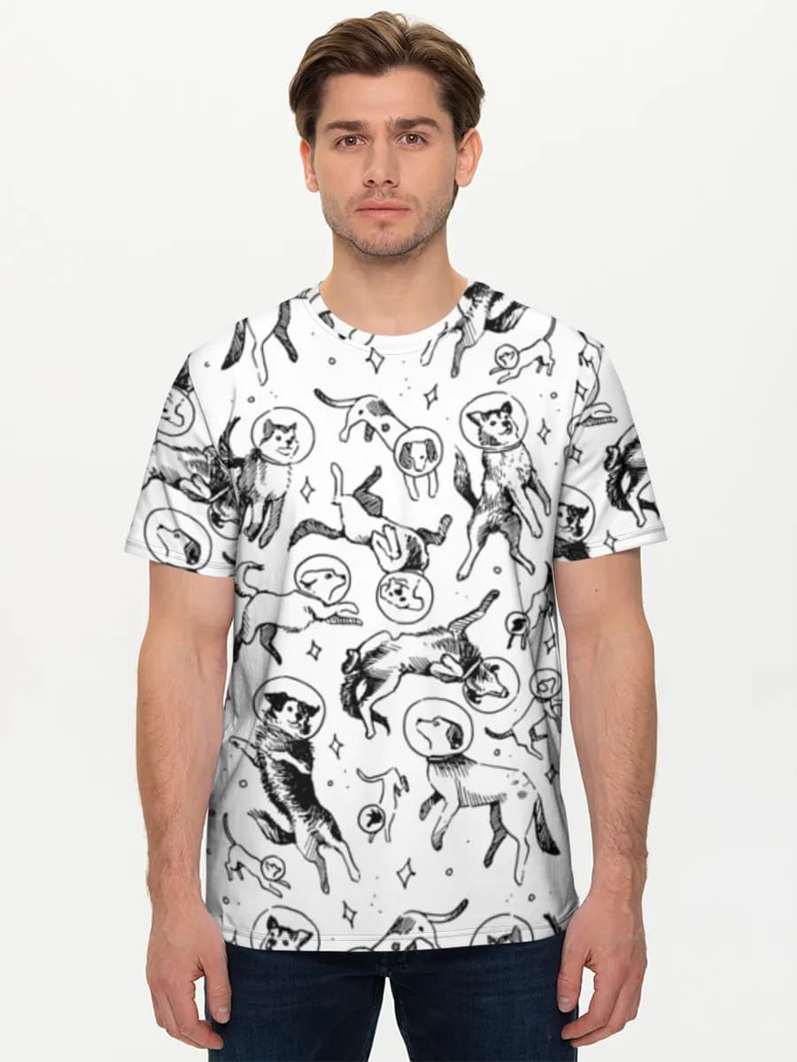 Space Dogs Doodle — Men's basic cotton T-shirt with all-over print, Dogs theme