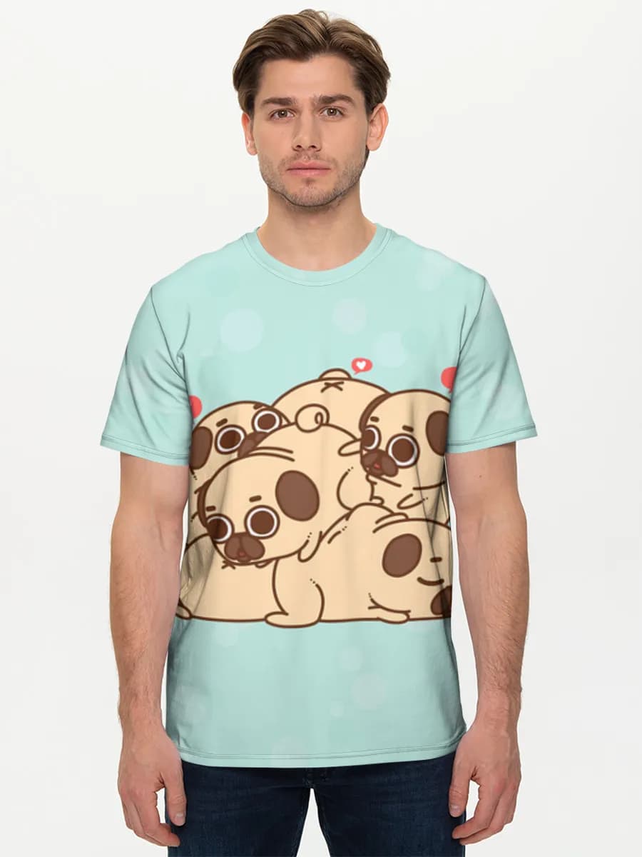 Kawaii Pug Puppy Pile — Men's basic cotton T-shirt with all-over print, Dogs theme