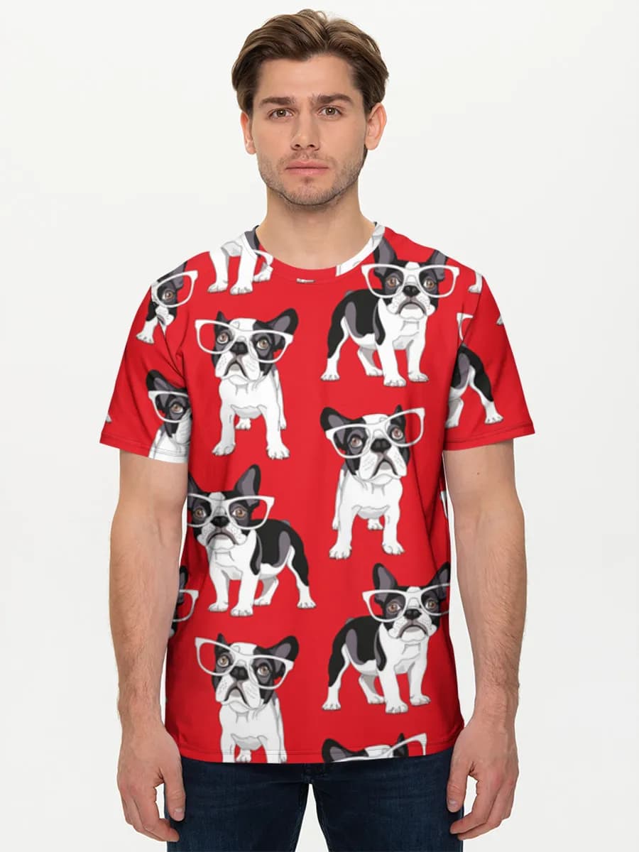 French Bulldog With Glasses — Men's basic cotton T-shirt with all-over print, Dogs theme