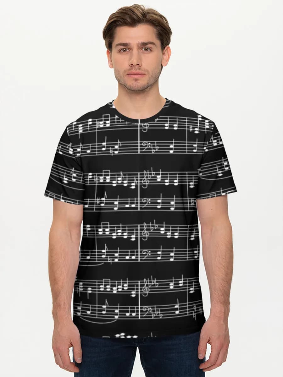 Black Sheet Music Notes — Men's basic cotton T-shirt with all-over print, Music theme