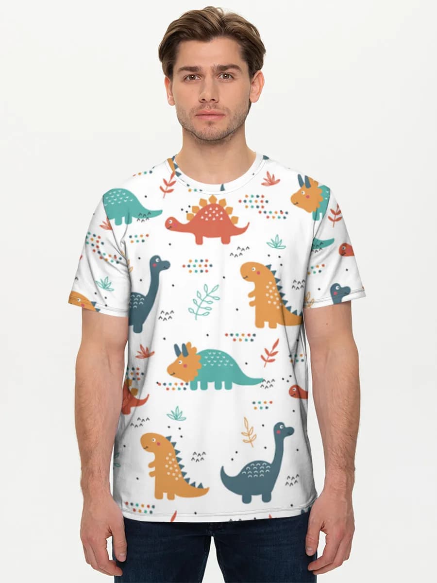 Playful Dino Parade — Men's basic cotton T-shirt with all-over print, Dinosaurs theme