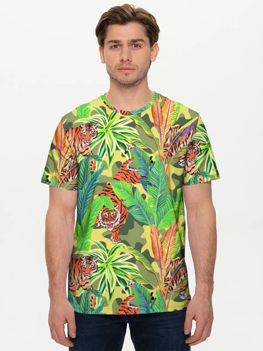 Tigers In Tropical Jungle — Men's basic cotton T-shirt with all-over print, Tiger theme