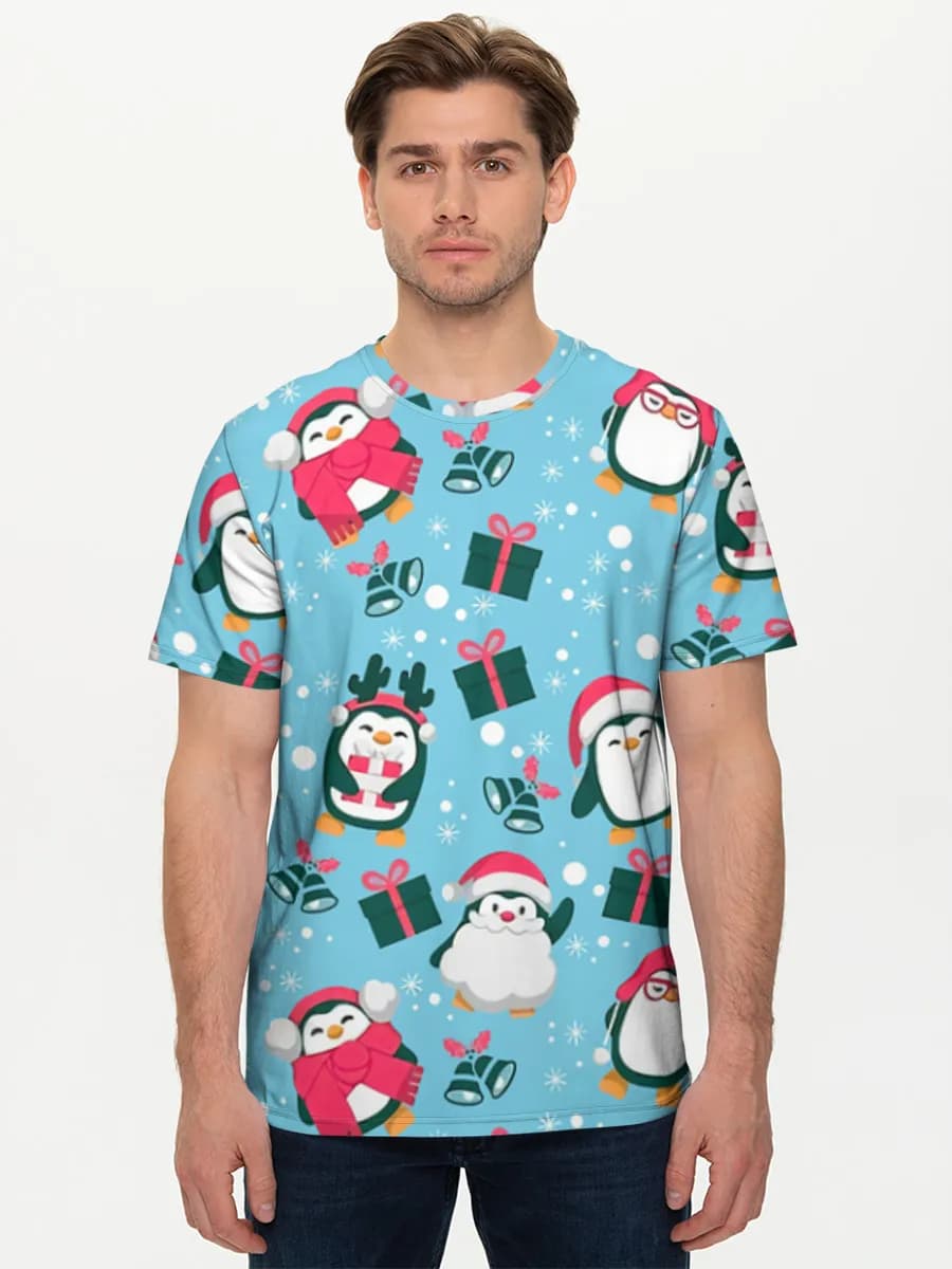 Cute Christmas Penguins — Men's basic cotton T-shirt with all-over print, Holidays theme