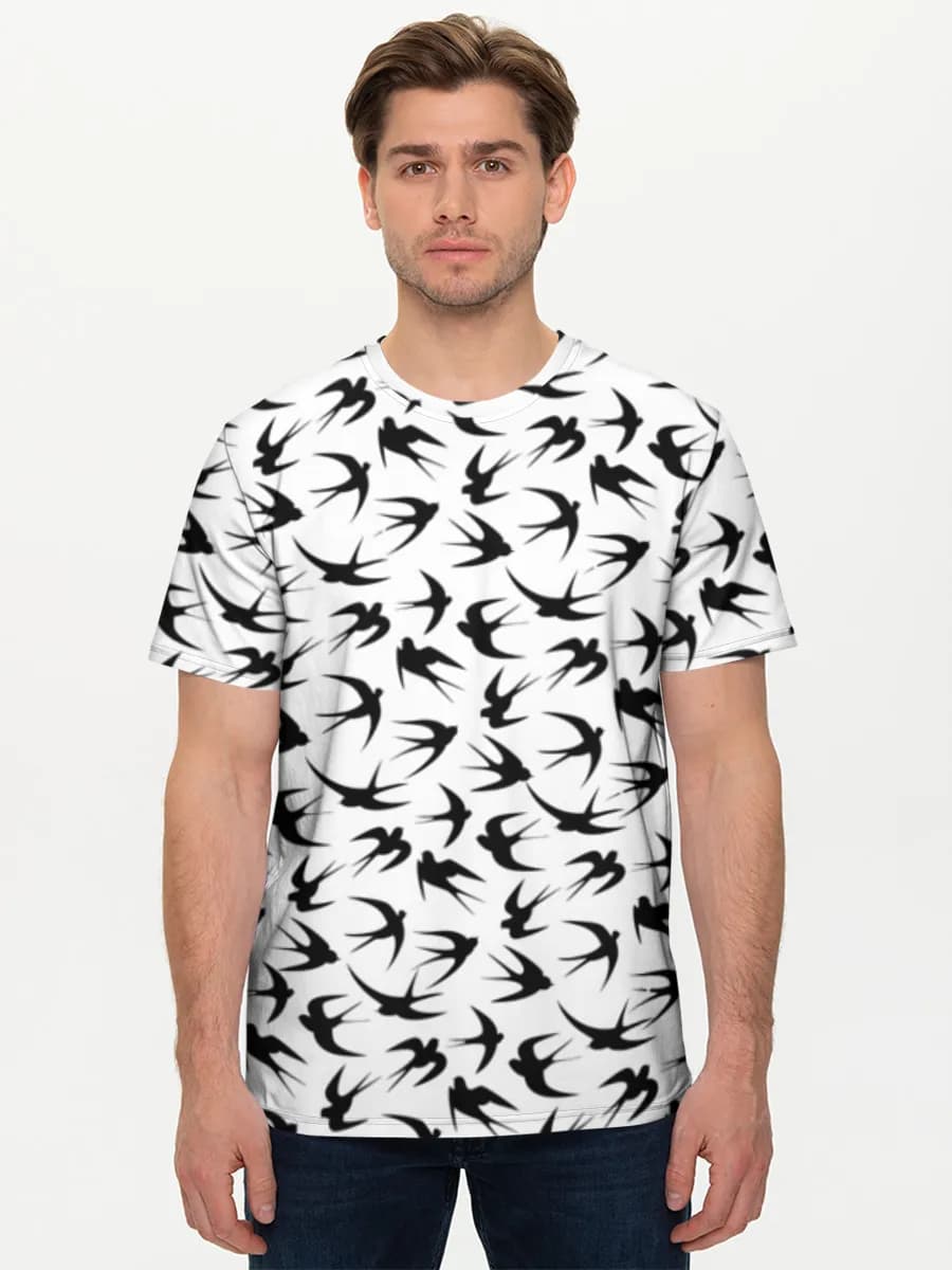 Flying Swallow Silhouettes — Men's basic cotton T-shirt with all-over print, Birds theme