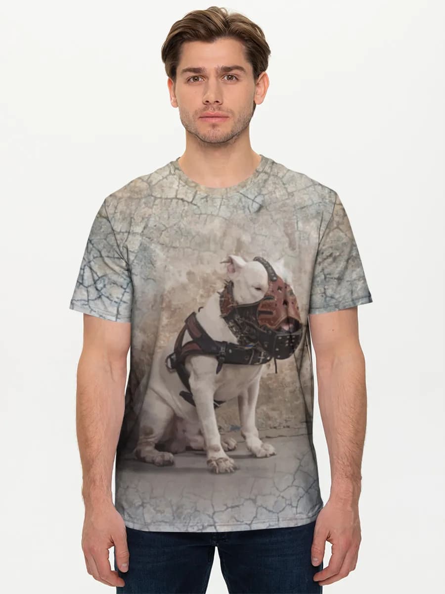 Muzzled Bull Terrier — Men's basic cotton T-shirt with all-over print, Dogs theme
