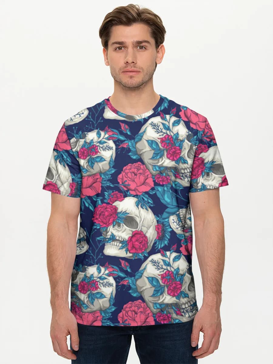 Floral Skulls And Roses — Men's basic cotton T-shirt with all-over print, Skulls theme
