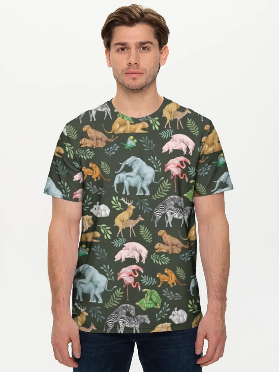Watercolor Safari Animals — Men's basic cotton T-shirt with all-over print, Wildlife Art theme