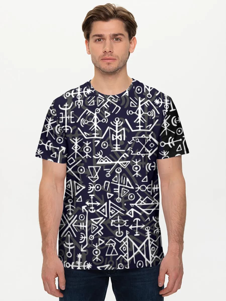 Abstract Tribal Glyphs — Men's basic cotton T-shirt with all-over print, Symbols theme