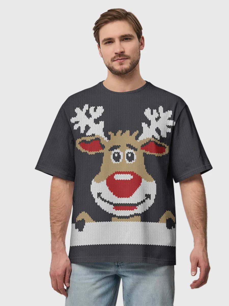 Peeking Reindeer Sweater — Men's oversized cotton T-shirt with all-over print, Holidays theme