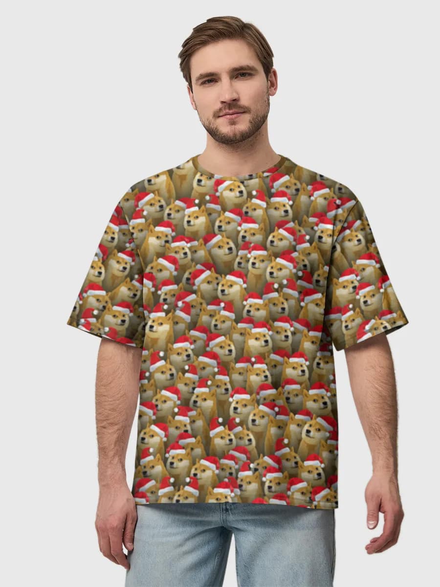 Christmas Doge Crowd — Men's oversized cotton T-shirt with all-over print, Dogs theme