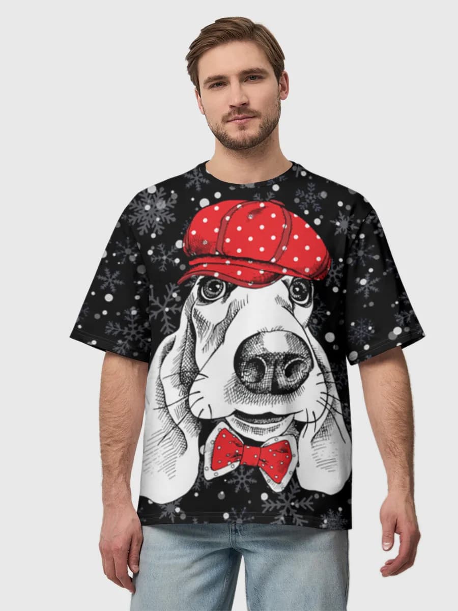 Dapper Dog In Snow — Men's oversized cotton T-shirt with all-over print, Dogs theme