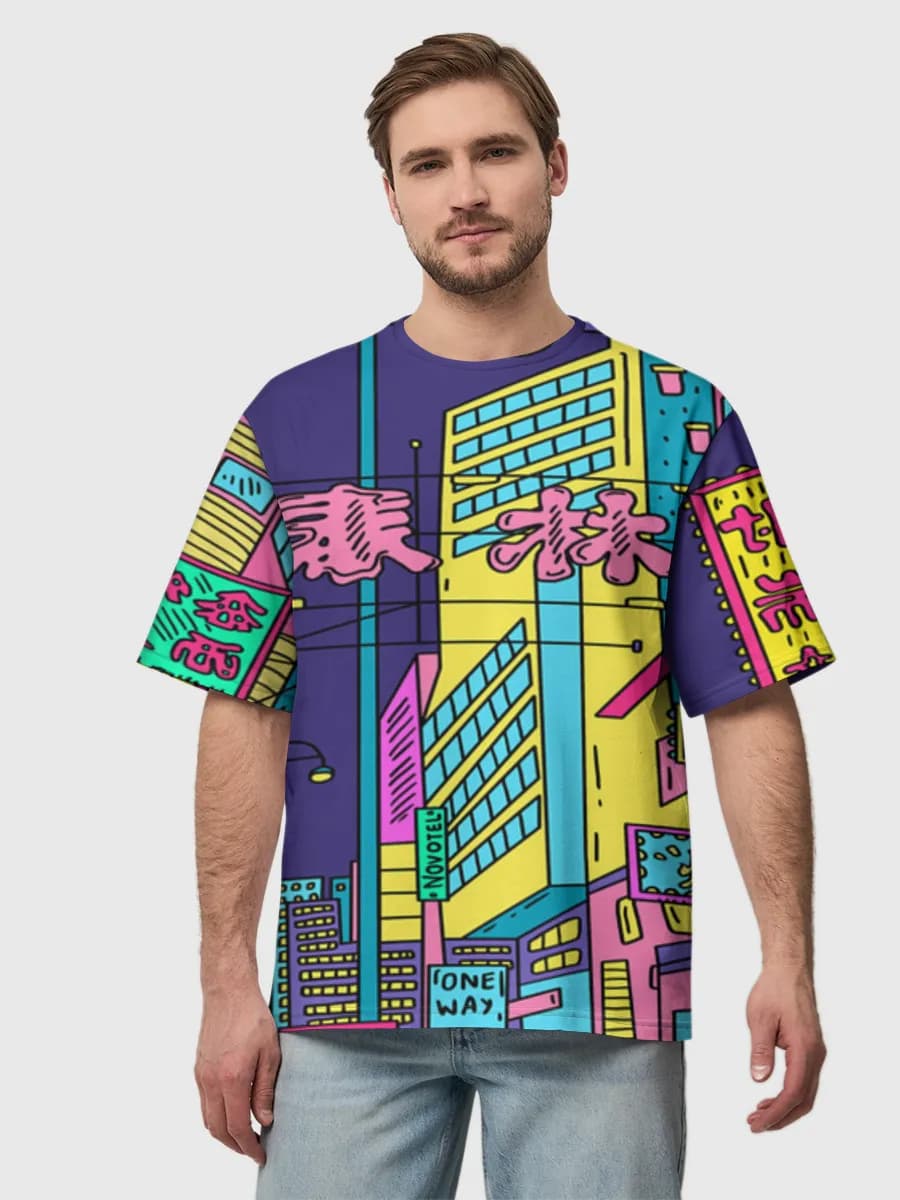 Neon Cyberpunk Night City — Men's oversized cotton T-shirt with all-over print, Cyberpunk theme