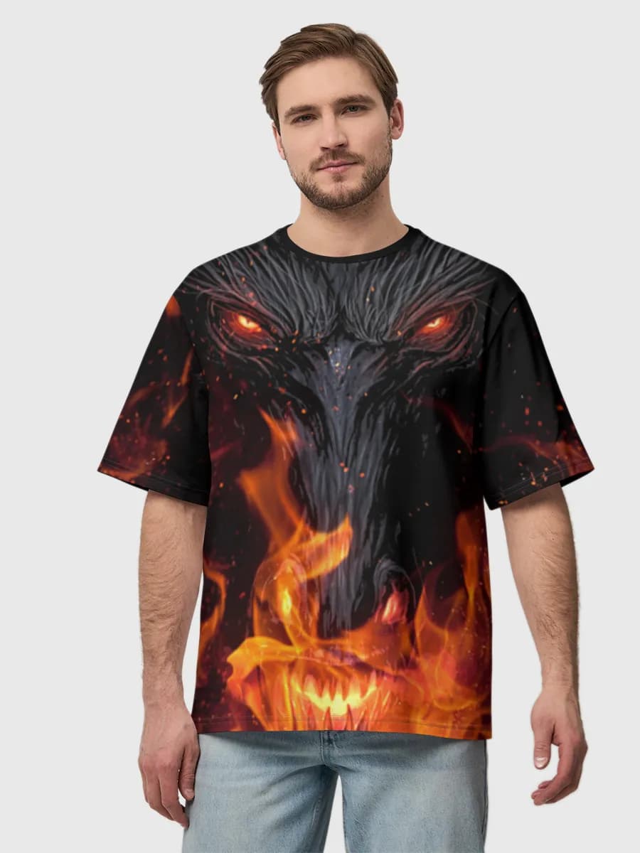 Inferno Dragon Face — Men's oversized cotton T-shirt with all-over print, Dragon theme