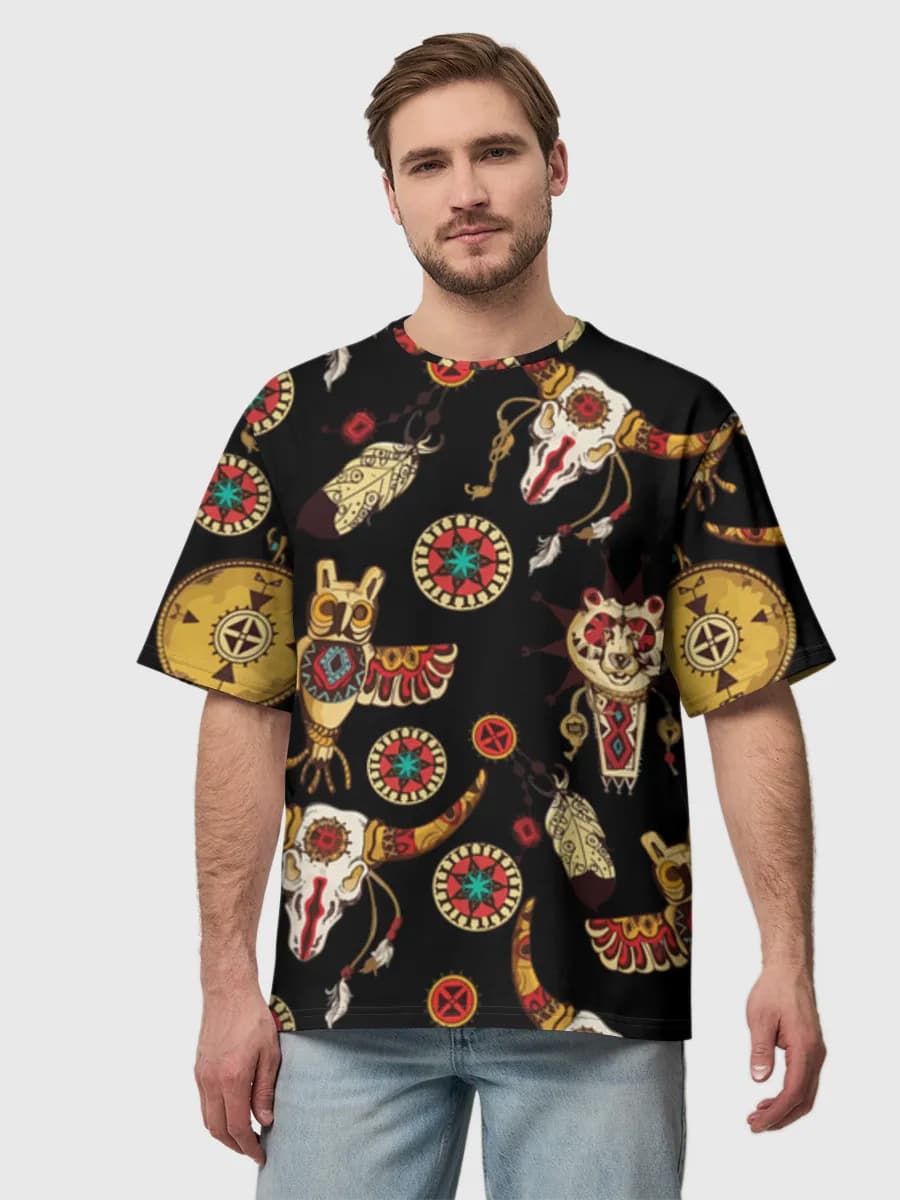 Southwestern Totem Animals — Men's oversized cotton T-shirt with all-over print, Southwestern theme