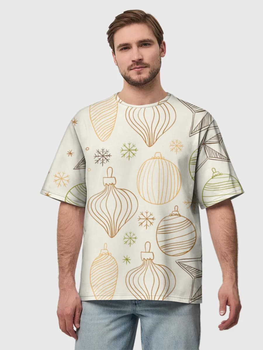 Retro Christmas Ornaments — Men's oversized cotton T-shirt with all-over print, Holidays theme