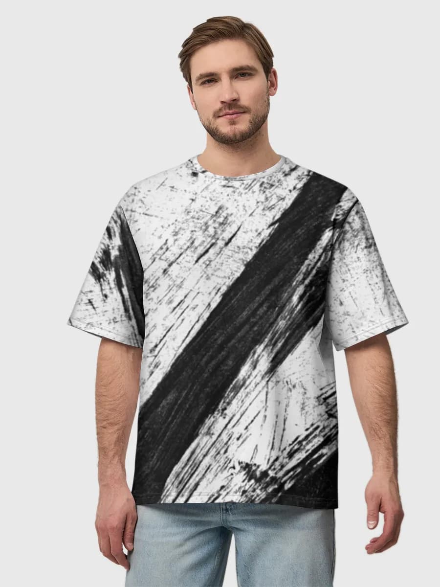 Abstract Monochrome Brush Strokes — Men's oversized cotton T-shirt with all-over print, Abstract theme