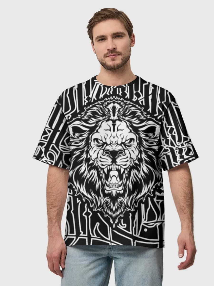 Roaring Lion Gothic Type — Men's oversized cotton T-shirt with all-over print, Lion theme