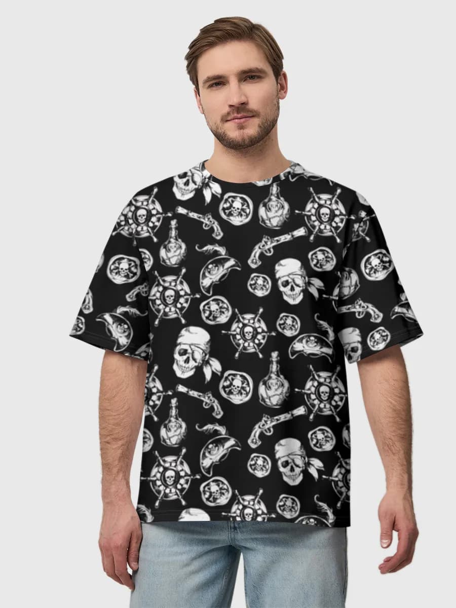 Pirate Skulls And Ship Wheels — Men's oversized cotton T-shirt with all-over print, Pirate theme