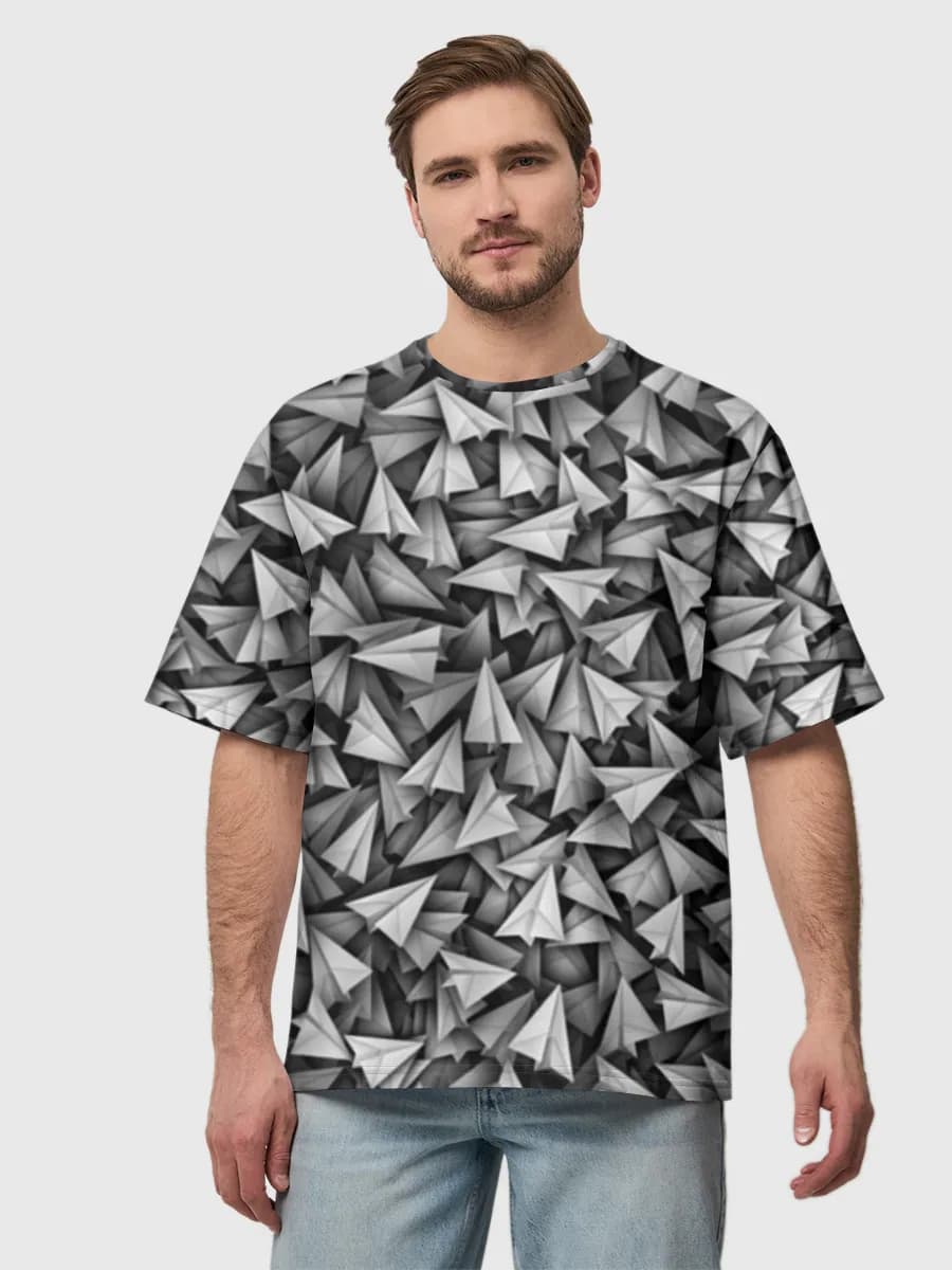 Monochrome Paper Airplanes — Men's oversized cotton T-shirt with all-over print, Origami theme