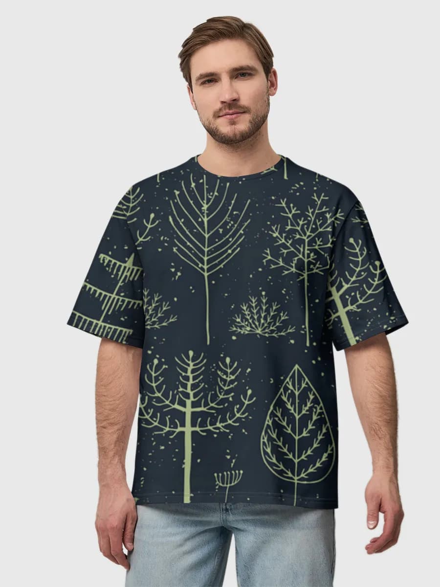 Midnight Woodland Trees — Men's oversized cotton T-shirt with all-over print, Forest theme