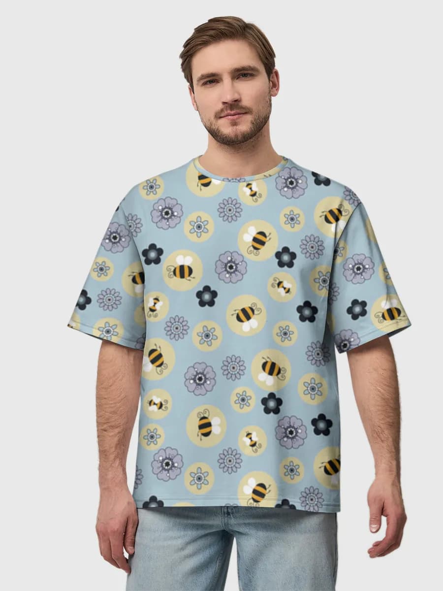 Cute Bees And Flowers — Men's oversized cotton T-shirt with all-over print, Bees theme