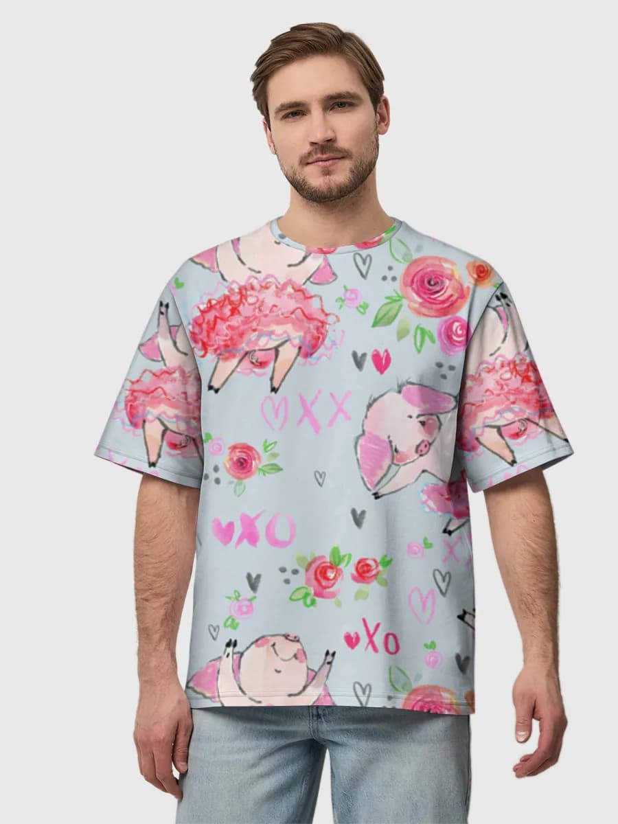 Ballet Pig Love Notes — Men's oversized cotton T-shirt with all-over print, Pig theme
