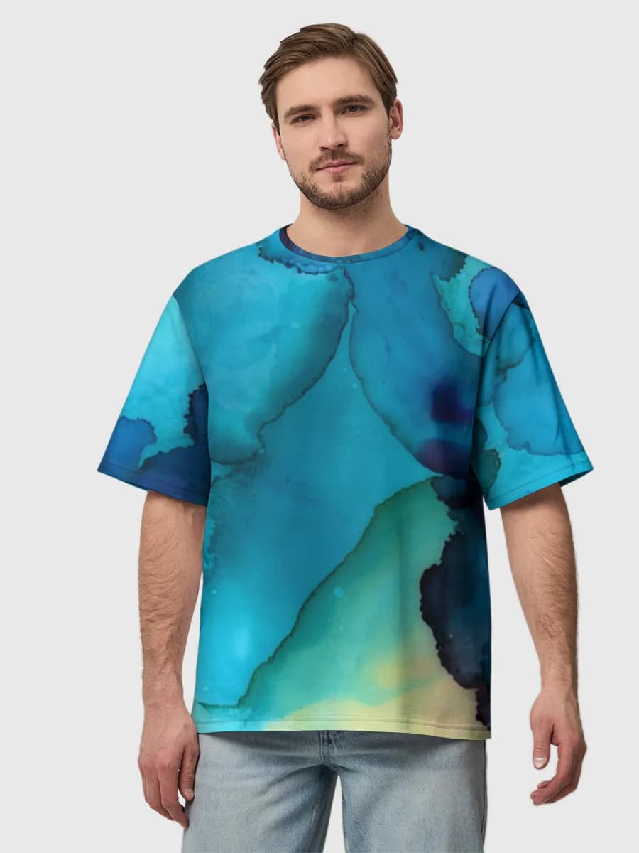 Blue Ink Bloom — Men's oversized cotton T-shirt with all-over print, Abstract theme
