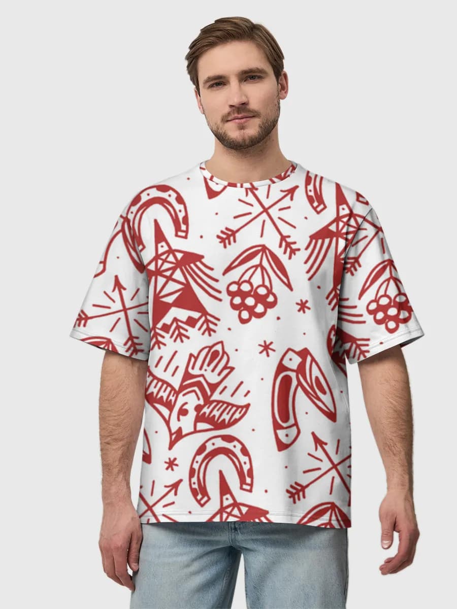Western Horseshoe Folk Art — Men's oversized cotton T-shirt with all-over print, Western Style theme