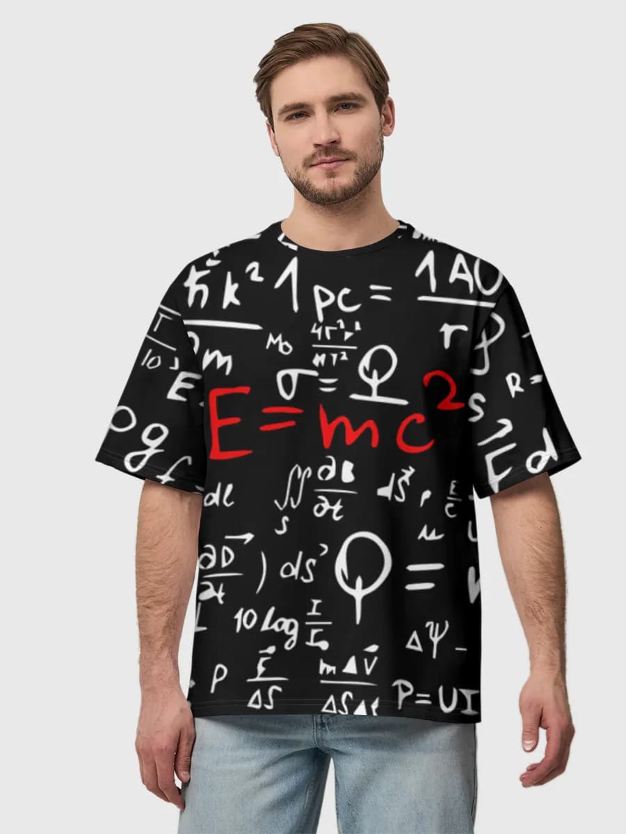 E Mc2 Physics Chalkboard — Men's oversized cotton T-shirt with all-over print, Physics theme