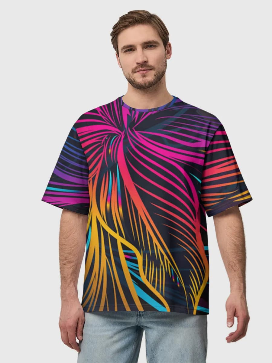 Neon Tropical Leaves — Men's oversized cotton T-shirt with all-over print, Abstract theme