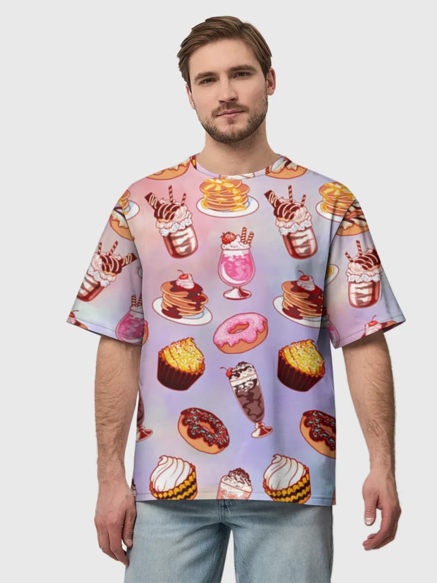 Pastel Dessert Icons — Men's oversized cotton T-shirt with all-over print, Sweet Treats theme