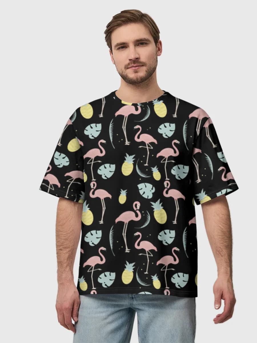 Flamingos And Pineapples — Men's oversized cotton T-shirt with all-over print, Nature theme