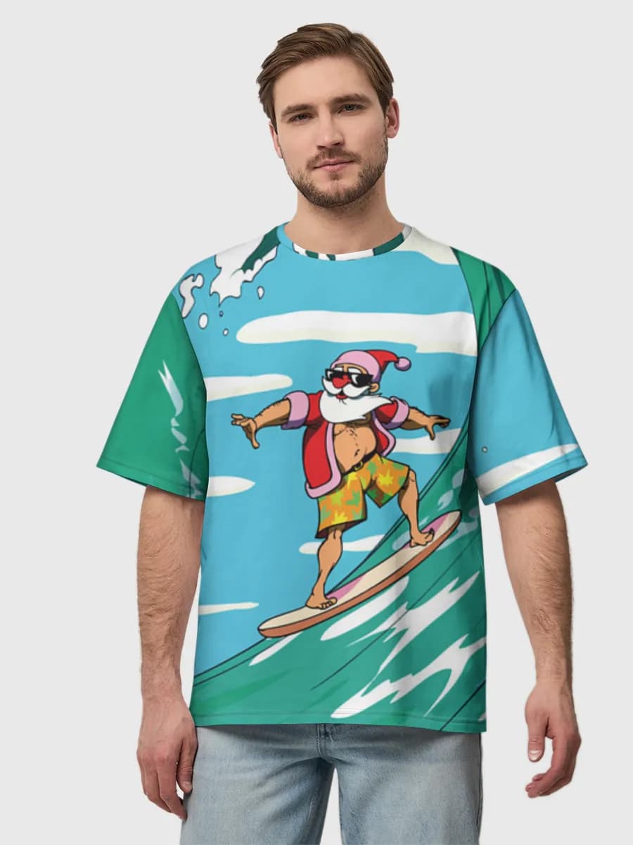 Surfing Santa Claus — Men's oversized cotton T-shirt with all-over print, Holidays theme
