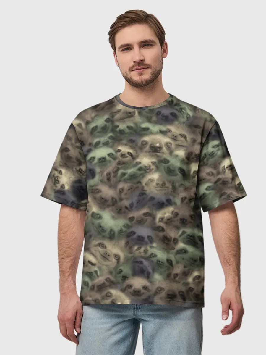 Camo Sloth Faces — Men's oversized cotton T-shirt with all-over print, Sloth theme