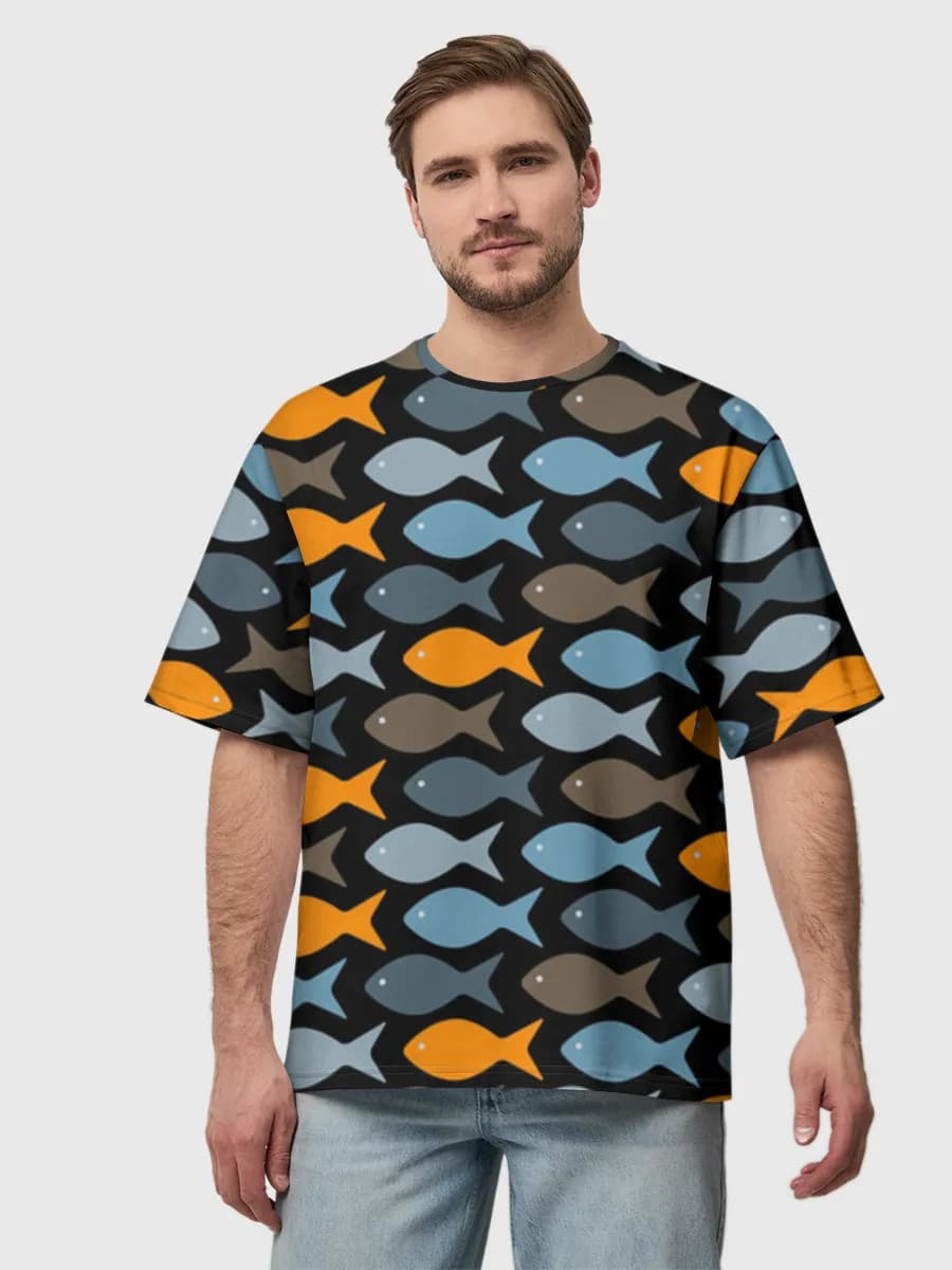 Colorful Fish School — Men's oversized cotton T-shirt with all-over print, Fish theme
