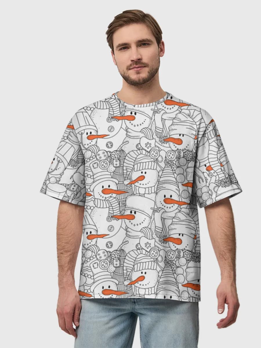Cozy Snowman Doodle Crowd — Men's oversized cotton T-shirt with all-over print, Snowman theme