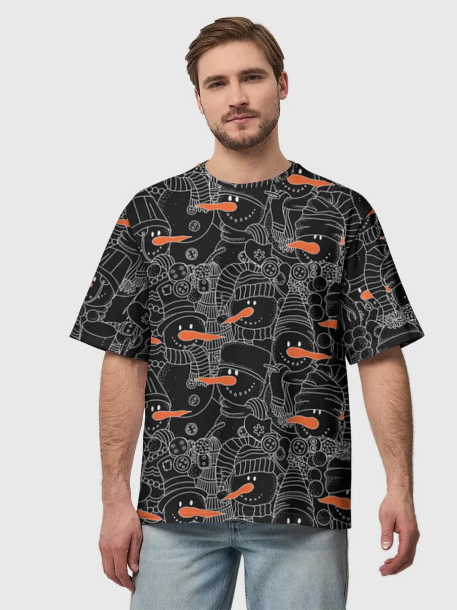Cozy Snowmen Winter Doodles — Men's oversized cotton T-shirt with all-over print, Snowman theme