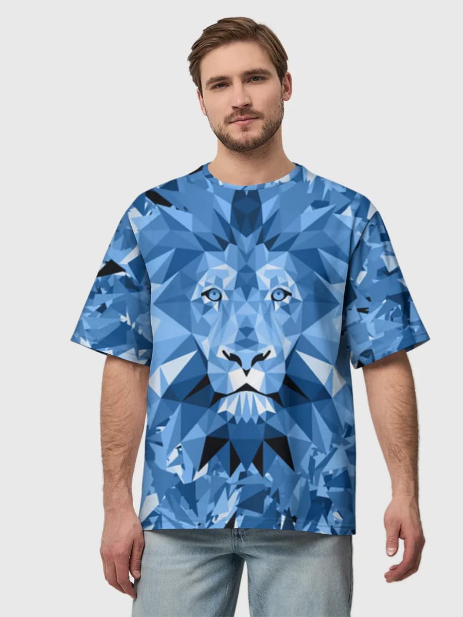 Blue Low Poly Lion — Men's oversized cotton T-shirt with all-over print, Lion theme
