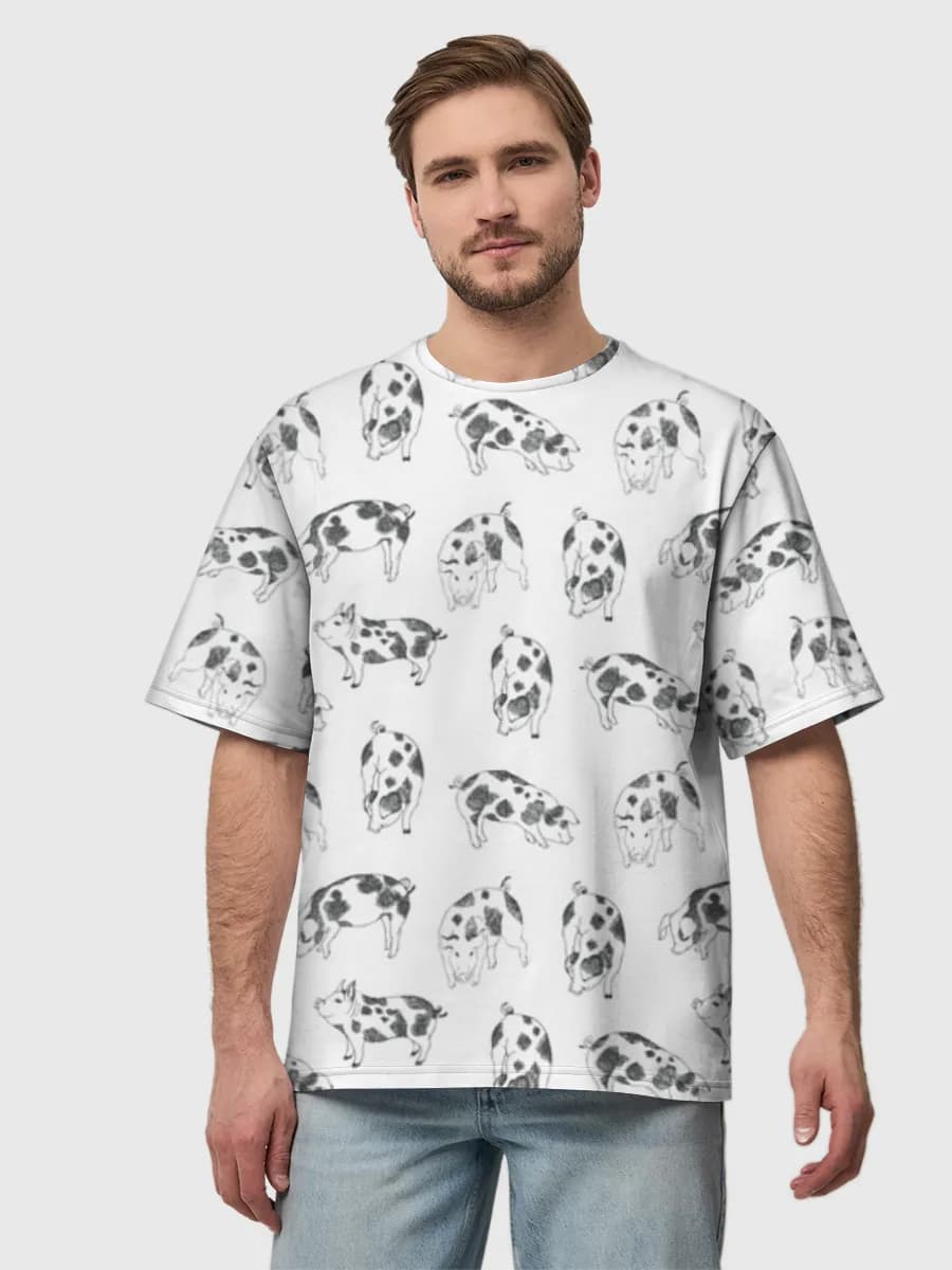 Spotted Pigs Sketch — Men's oversized cotton T-shirt with all-over print, Pig theme