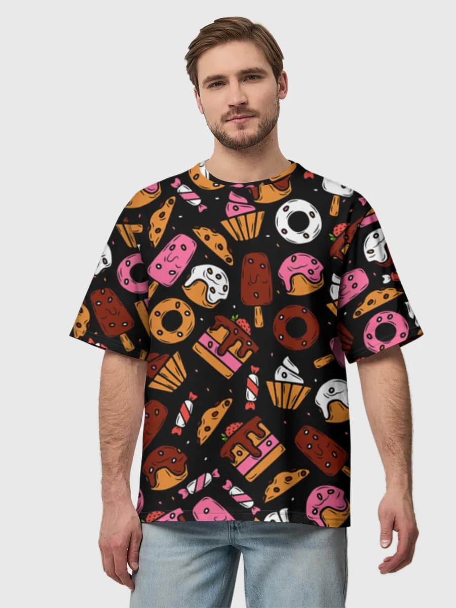 Kawaii Dessert Doodles — Men's oversized cotton T-shirt with all-over print, Sweet Treats theme