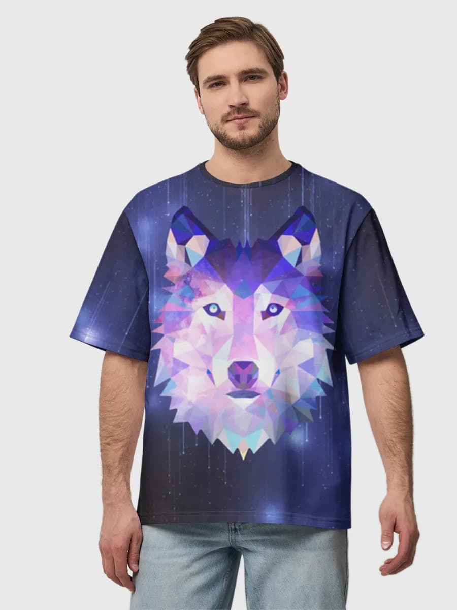 Cosmic Low Poly Wolf — Men's oversized cotton T-shirt with all-over print, Wolf theme