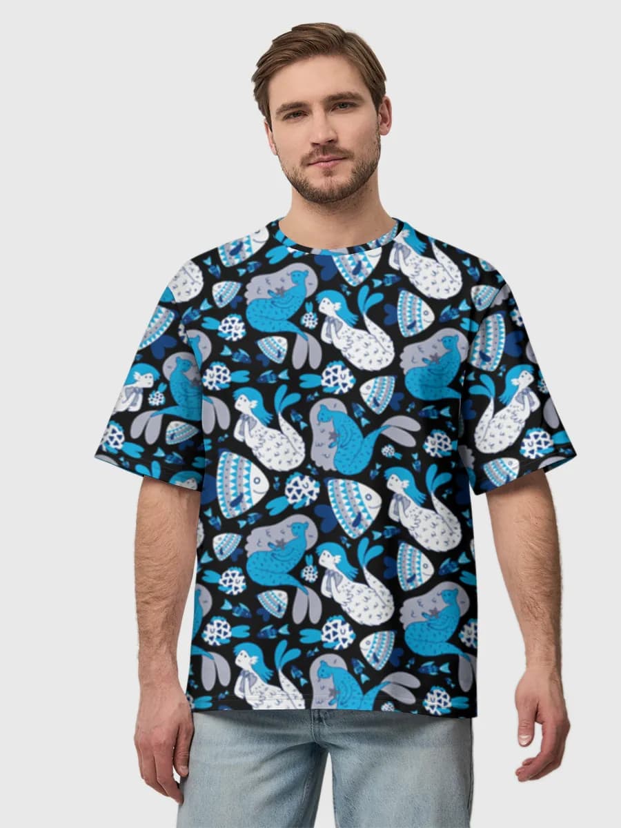 Nordic Winter Folk Animals — Men's oversized cotton T-shirt with all-over print, Winter theme