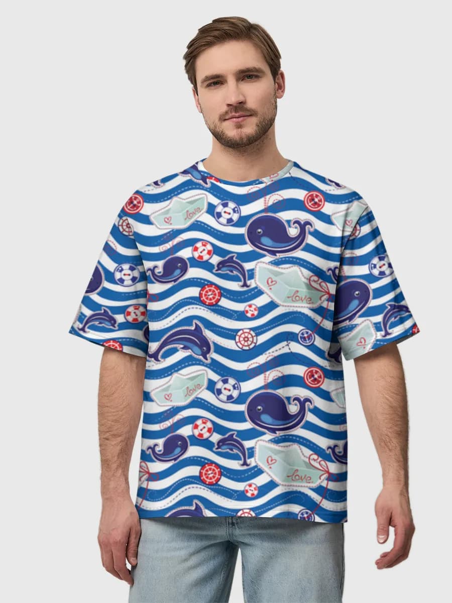 Nautical Whale Love Letters — Men's oversized cotton T-shirt with all-over print, Nautical theme