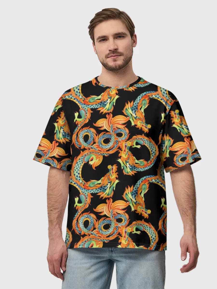Flame Coiled Dragons — Men's oversized cotton T-shirt with all-over print, Dragon theme