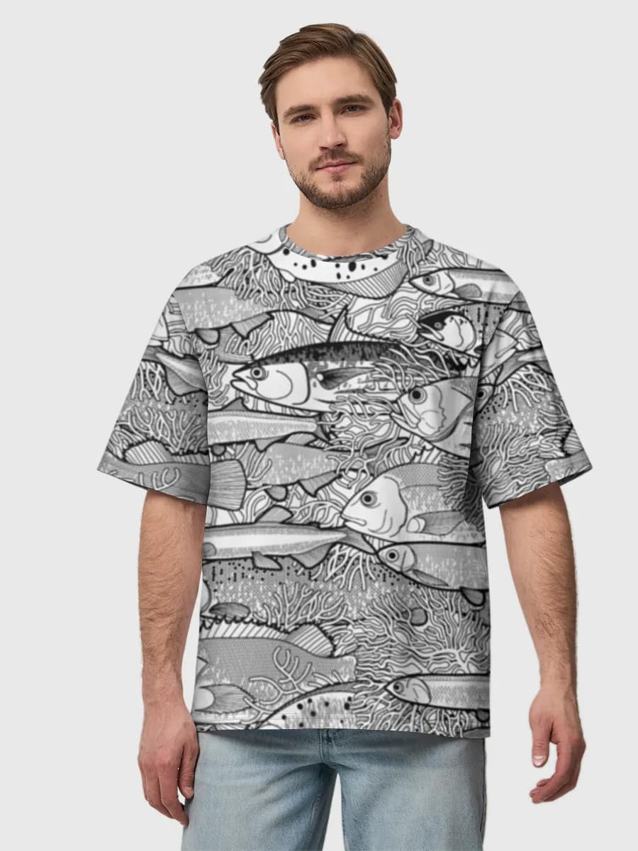 Fish And Coral Reef — Men's oversized cotton T-shirt with all-over print, Fish theme