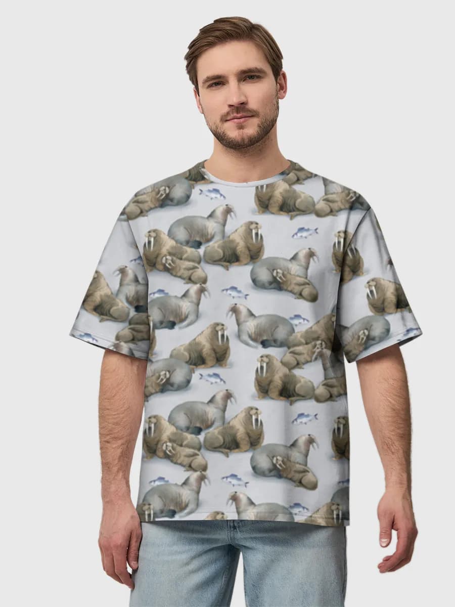 Walrus Colony Illustration — Men's oversized cotton T-shirt with all-over print, Walrus theme